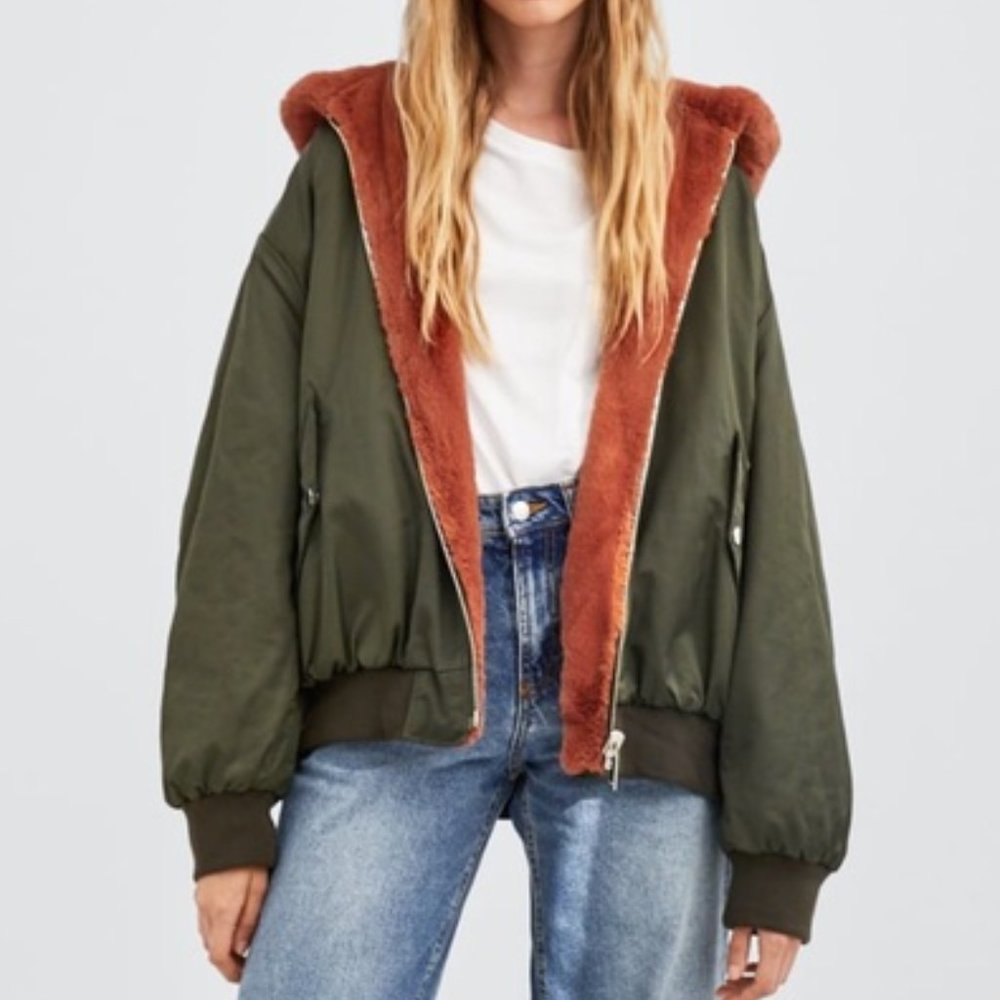Zara Reversible Oversized Bomber Coat Khaki Orange